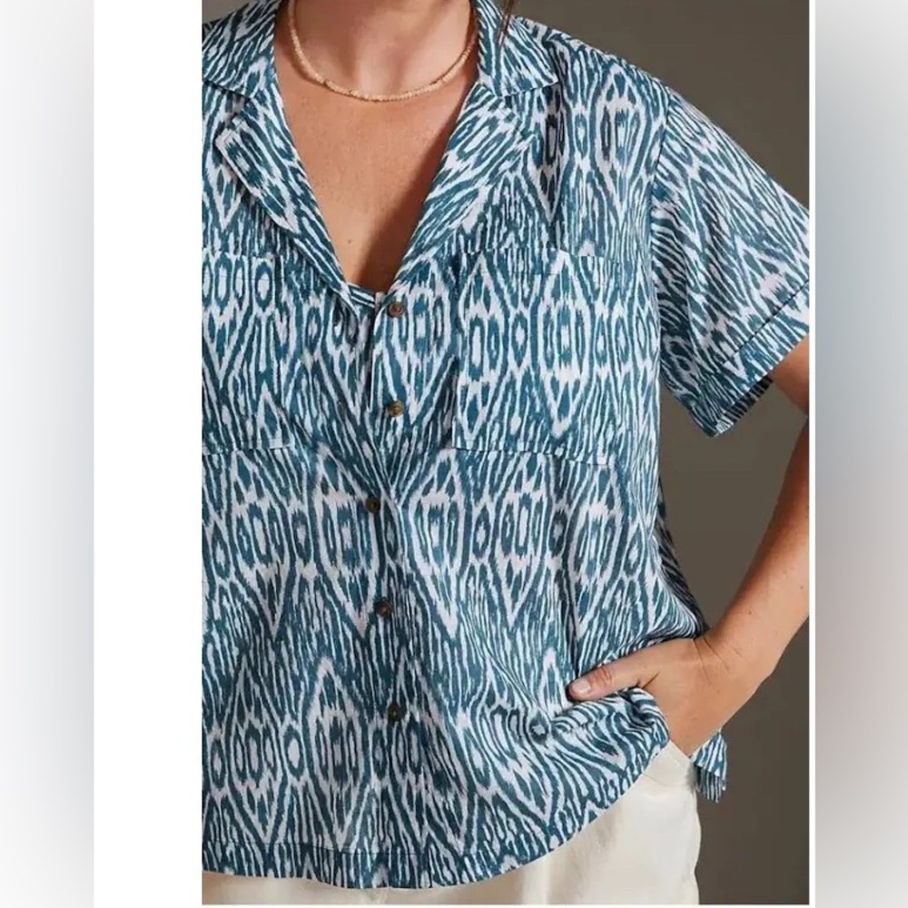 Pilcro Anthropologie Voile Surf Anthro Shirt, blue Ikat pattern Boho Medium